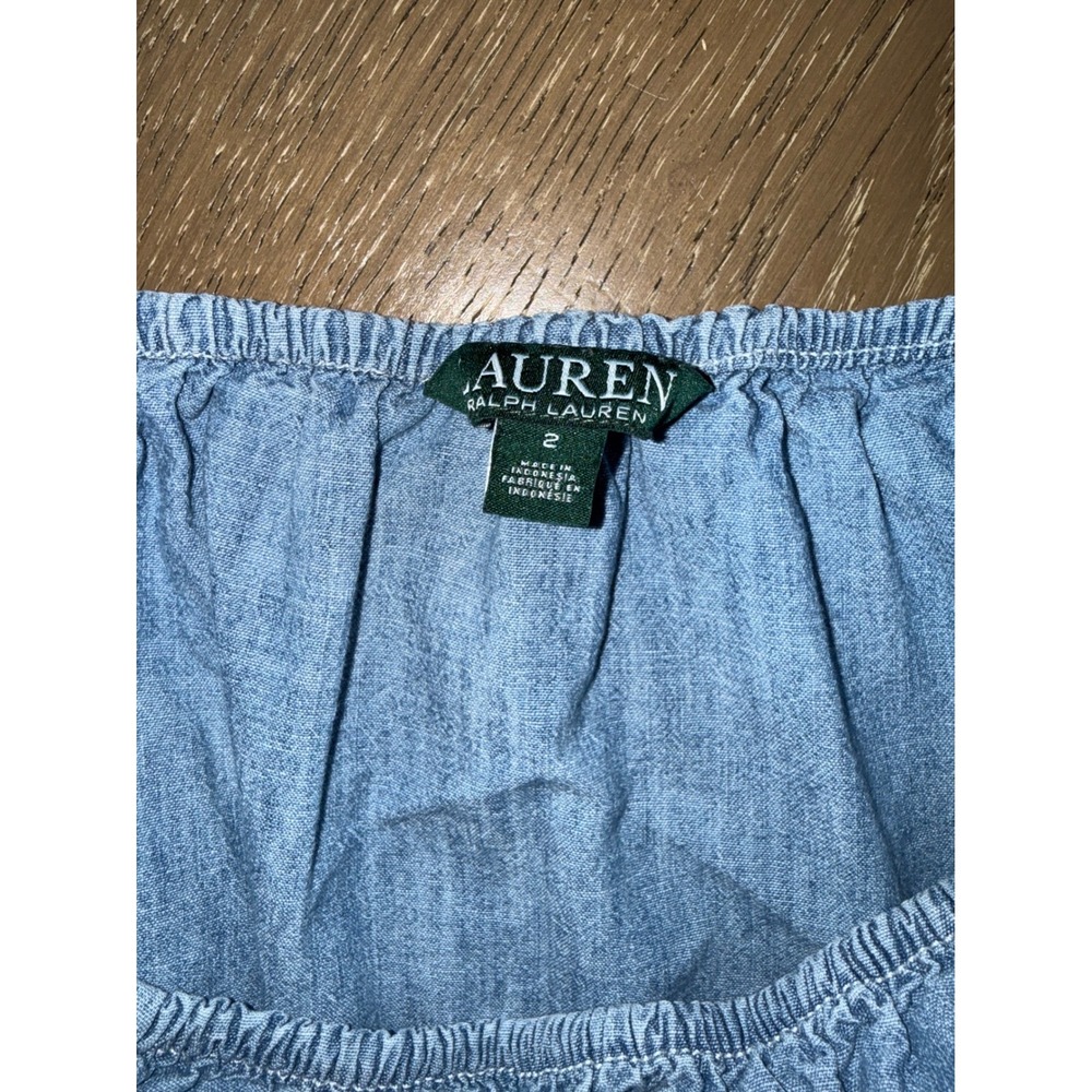 Lauren Ralph Lauren Chambray Off Shoulder Smocked Waist Tiered Mini Dress Blue 2 - Picture 2 of 5